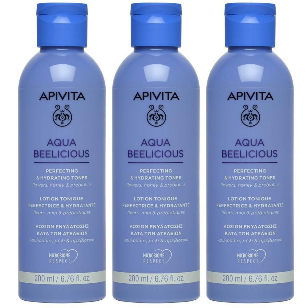 Drie flacons Apivita Aqua Beelicious lotion.