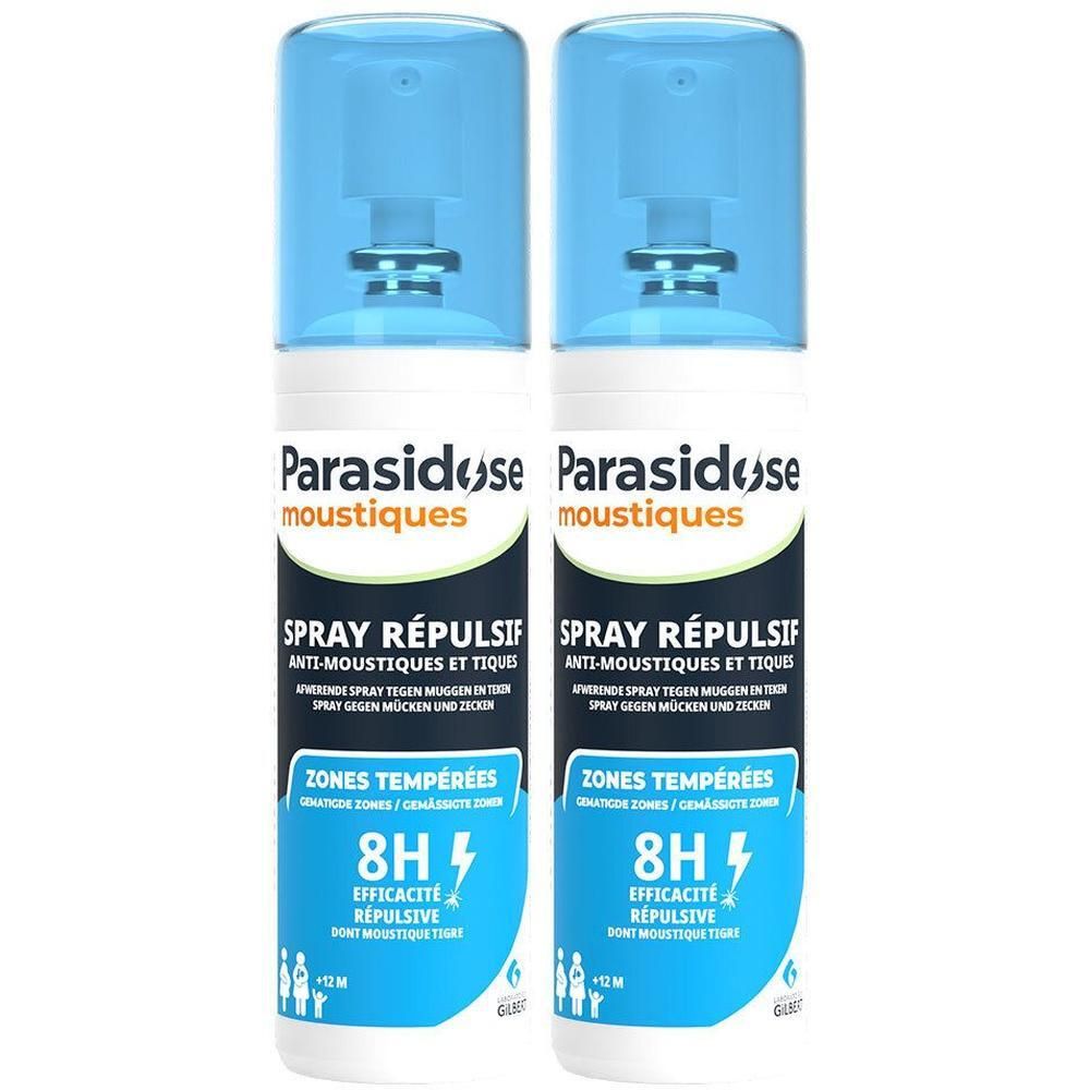 Deux sprays anti-moustiques et anti-tiques Parasidose pour zones tempérées.