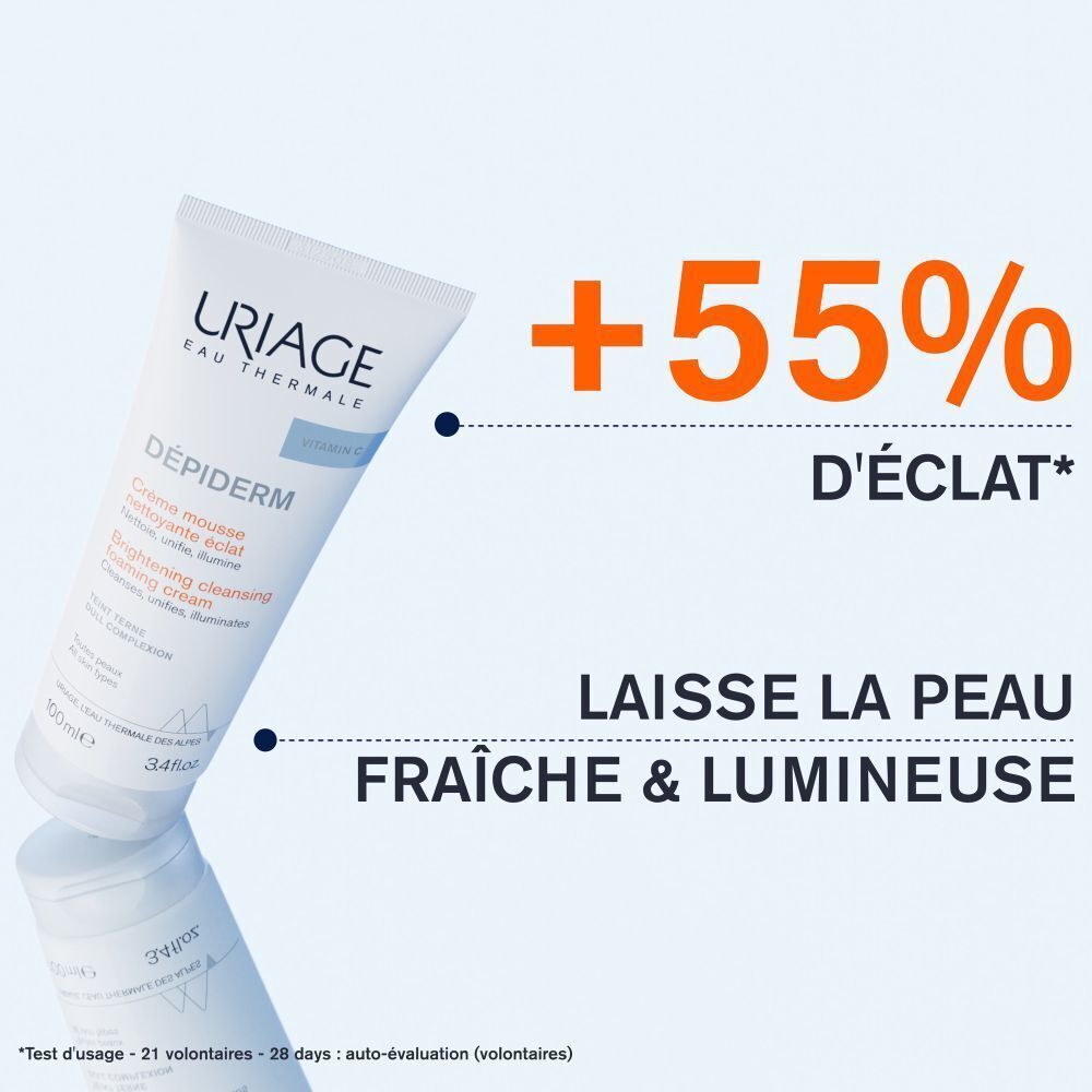 Un tube de Uriage Dépiderm Crème Mousse Nettoyante Éclat, avec indication de +55% d'éclat.