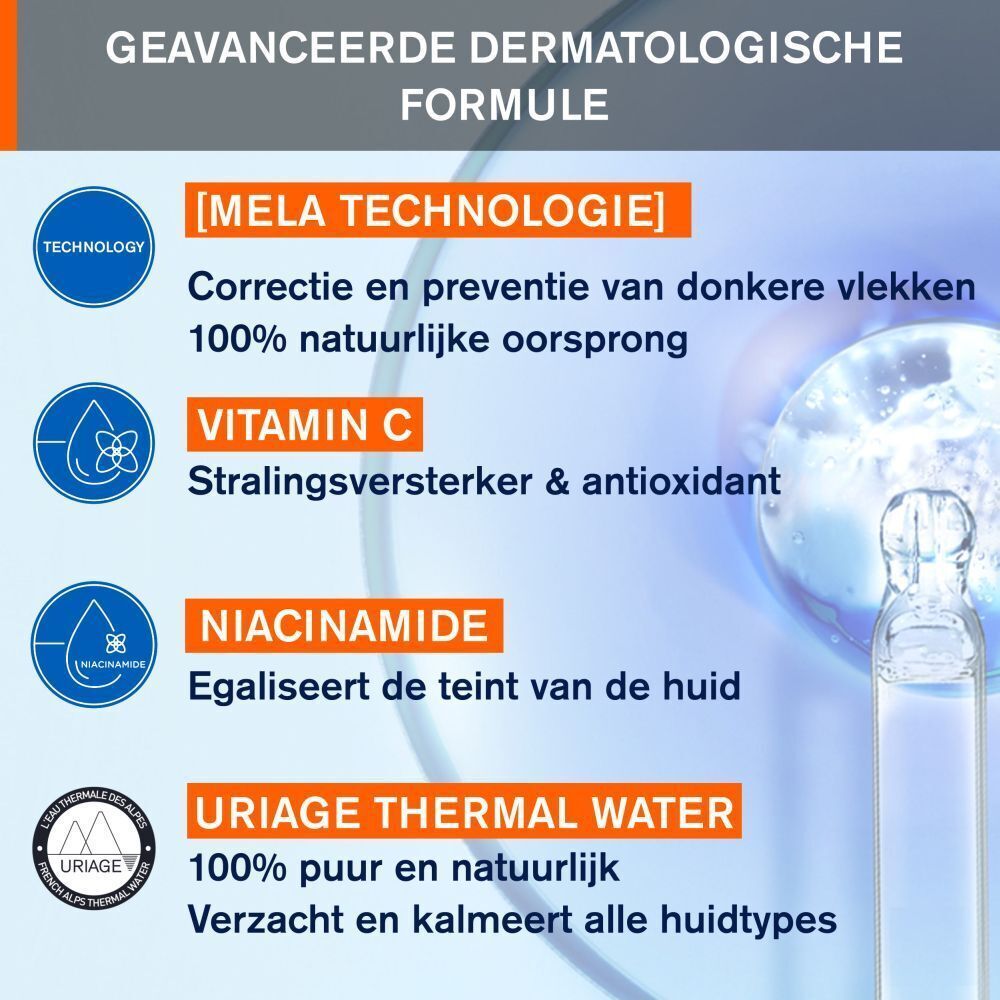 Uriage Dépiderm formule met Mela Technologie, Vitamine C, Niacinamide en Thermaal Water.