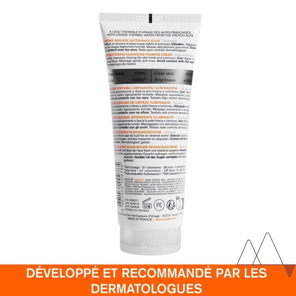 Arrière d'un tube de Uriage Dépiderm Crème Mousse Nettoyante Éclat avec informations produit.