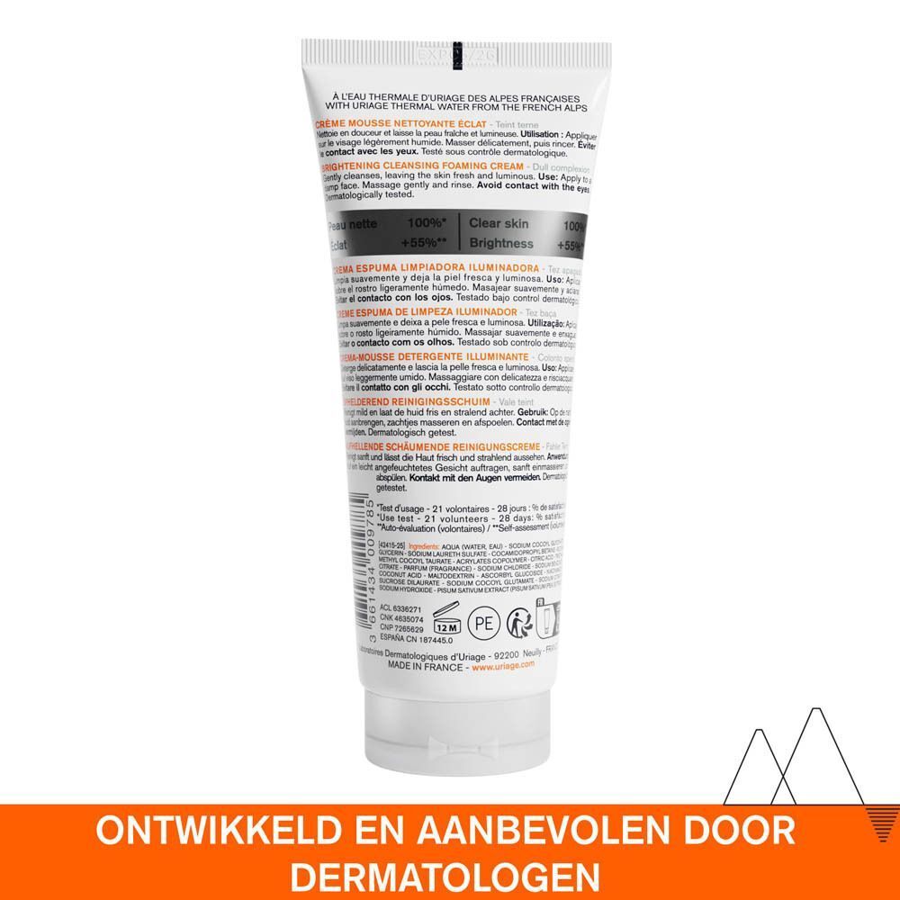 Achterkant van een tube Uriage Dépiderm Crème Mousse Nettoyante Éclat met productinformatie.