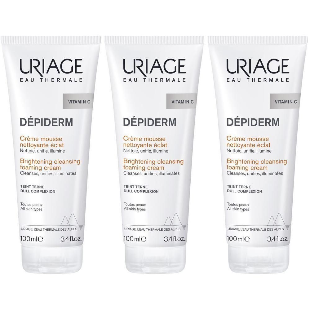 Drie tubes Uriage Dépiderm Crème Mousse Nettoyante Éclat met Vitamine C.