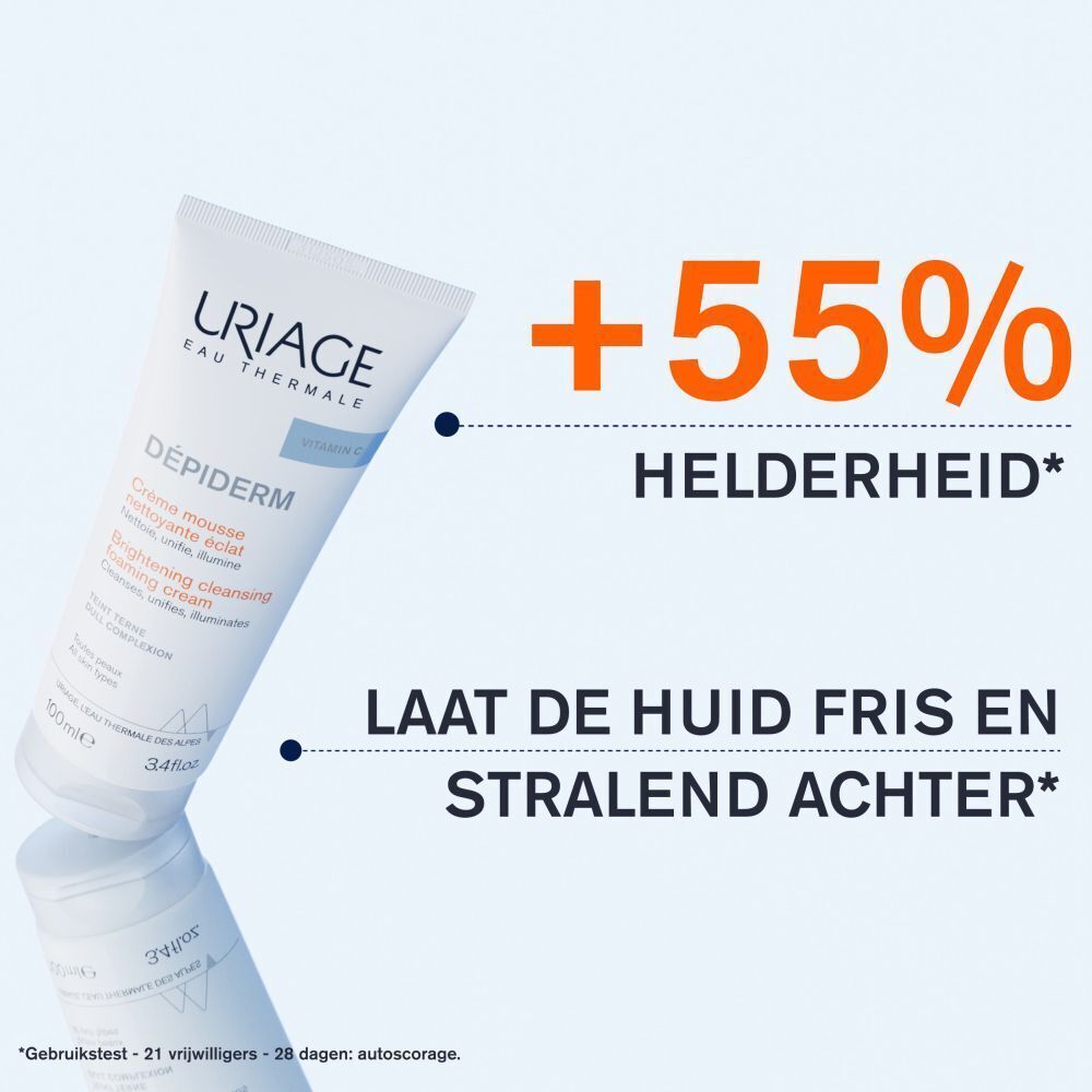Een tube Uriage Dépiderm Crème Mousse Nettoyante Éclat met tekst "+55% helderheid".