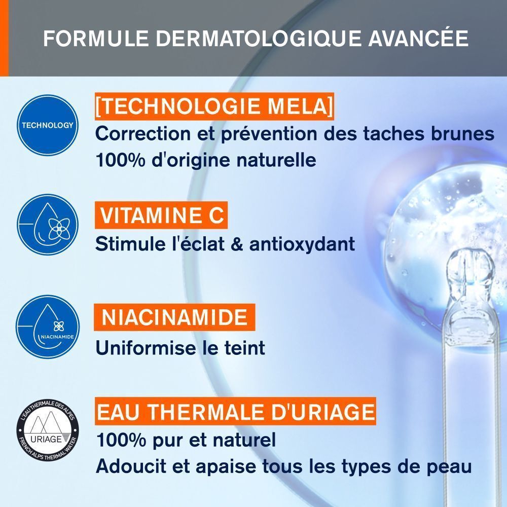 Uriage Dépiderm Crème Mousse Nettoyante Éclat : "Formule dermatologique avancée", "Vitamine C", "Niacinamide".