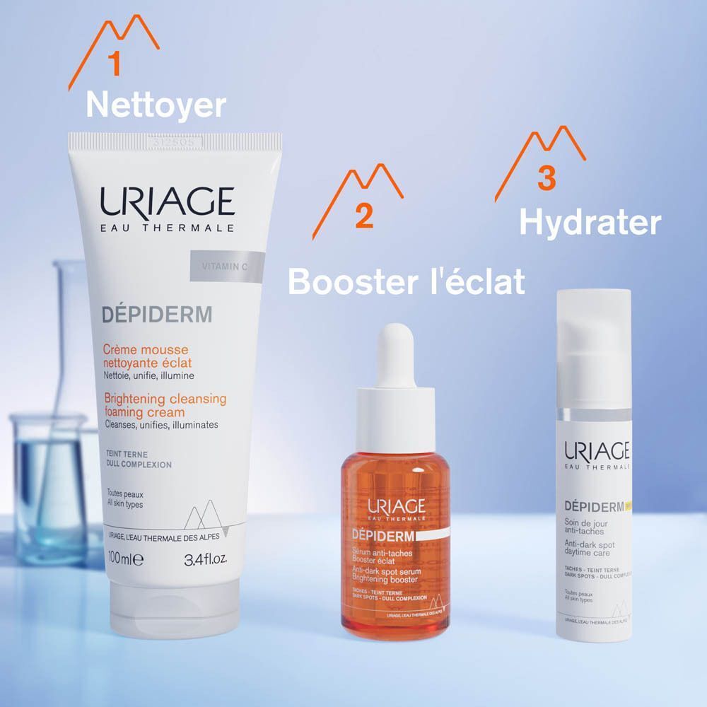 Uriage Dépiderm Crème Mousse Nettoyante Éclat, Booster et Sérum Anti-taches.