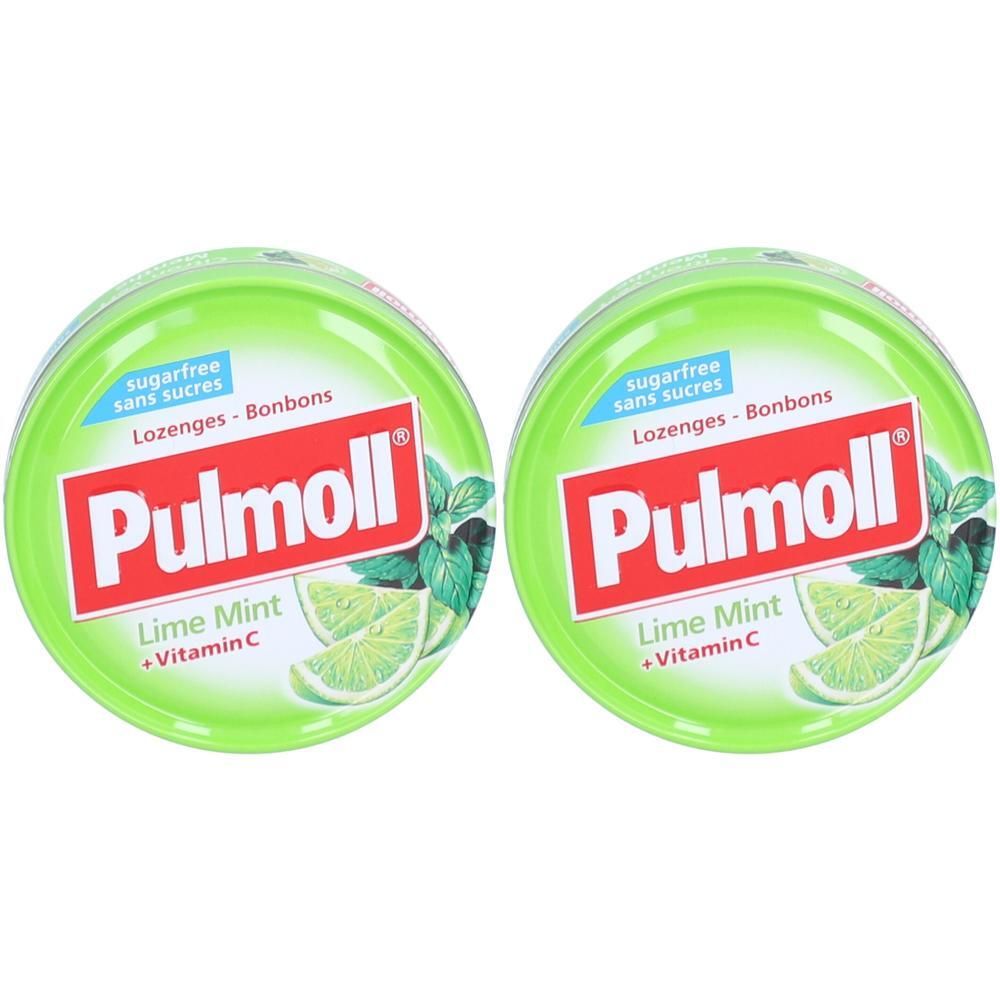 Deux boîtes de bonbons Pulmoll®, Citron vert-Menthe avec Vitamine C, sans sucre.