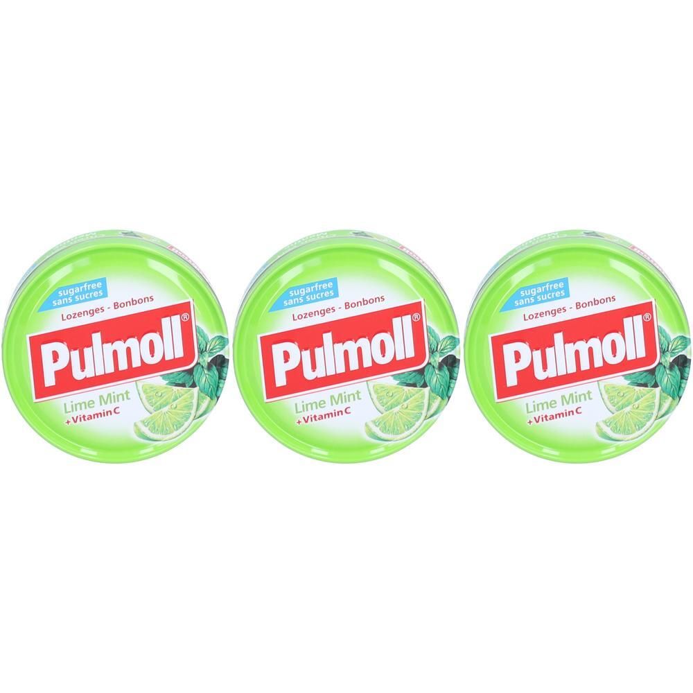 Trois boîtes vertes de bonbons Pulmoll Citron vert-Menthe + Vitamine C, sans sucre.