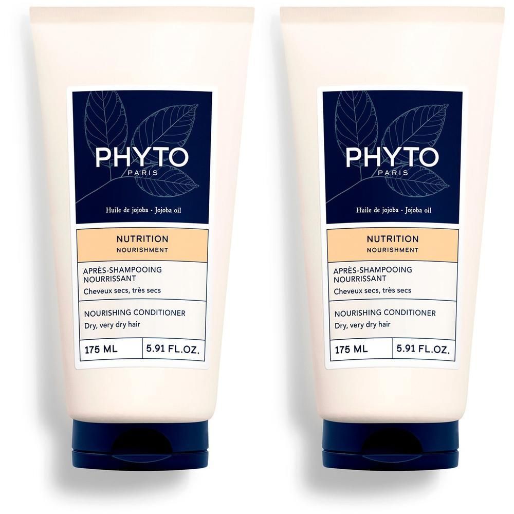 Deux flacons Phyto Nutrition Après-Shampooing Nourrissant pour cheveux secs.