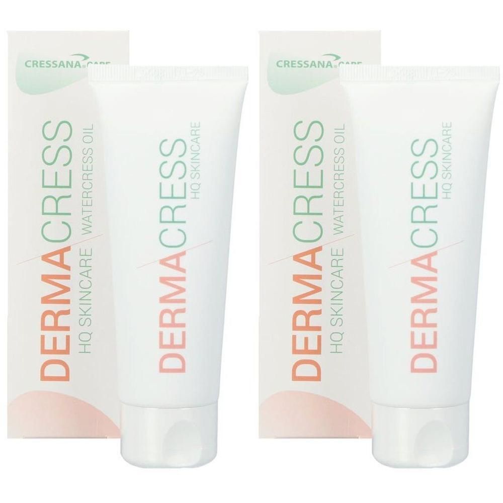 Deux tubes blancs de Dermacress HQ Watercress Oil Soin de la peau avec emballage.