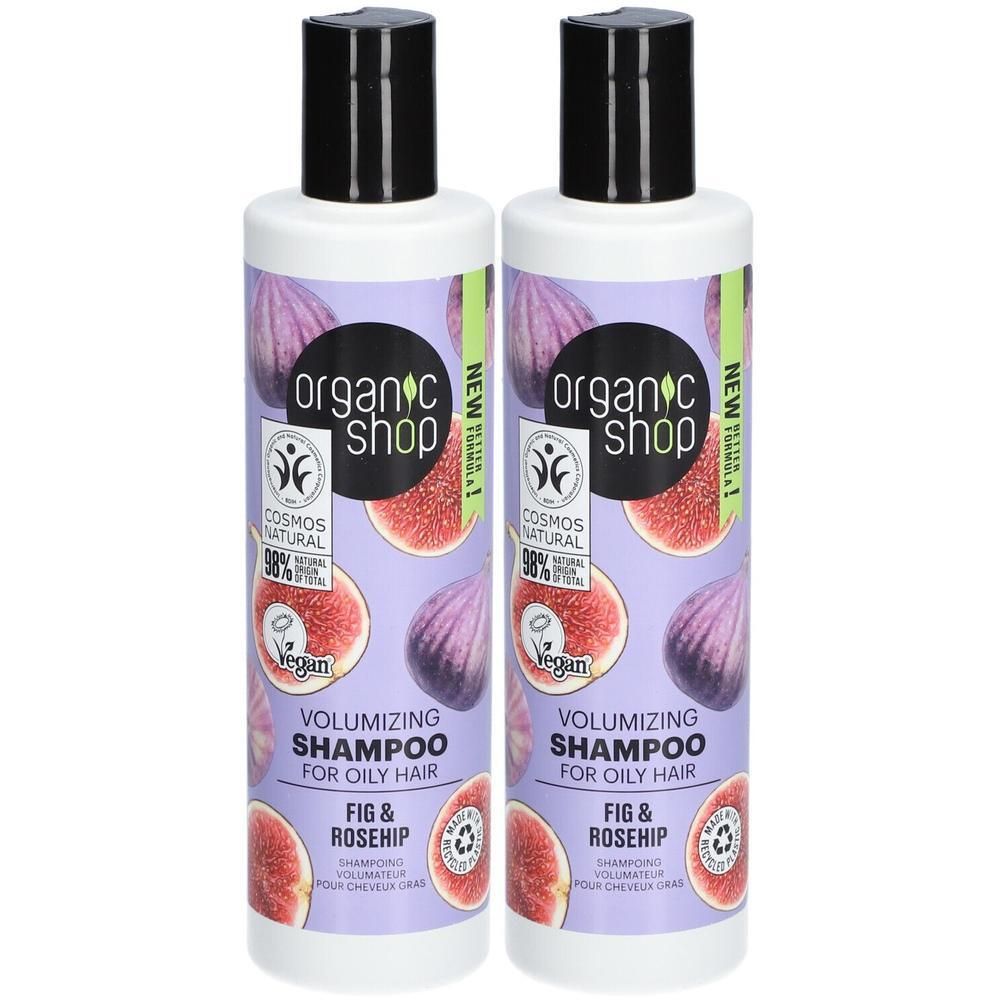Deux bouteilles de shampoing volumateur Organic Shop pour cheveux gras, figue et églantier.