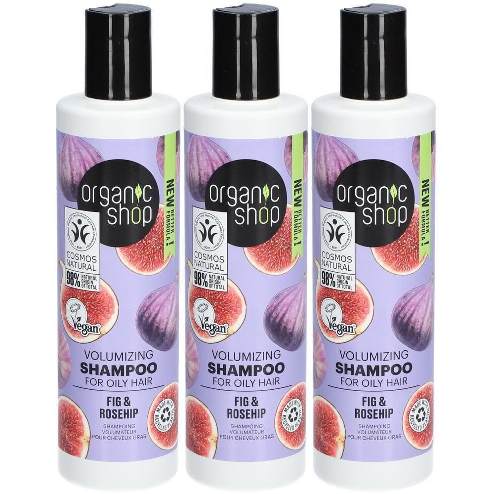 Trois bouteilles de shampoing volumateur Organic Shop pour cheveux gras, figue et rose musquée.