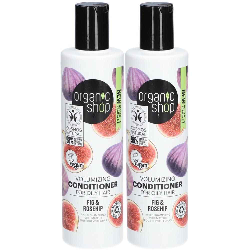 Twee flessen Organic Shop Volumizing Conditioner voor vet haar met Vijg & Rozenbottel.