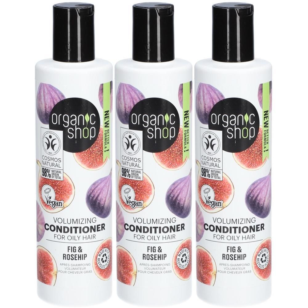 Trois bouteilles de shampoing Organic Shop Volumizing Conditioner pour cheveux gras, Figue & Rosehip.