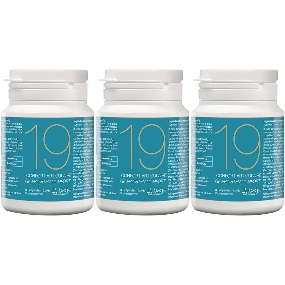 Trois flacons de Eubage 19 Gewrichten Comfort Capsules, contenants blancs avec étiquettes bleues.