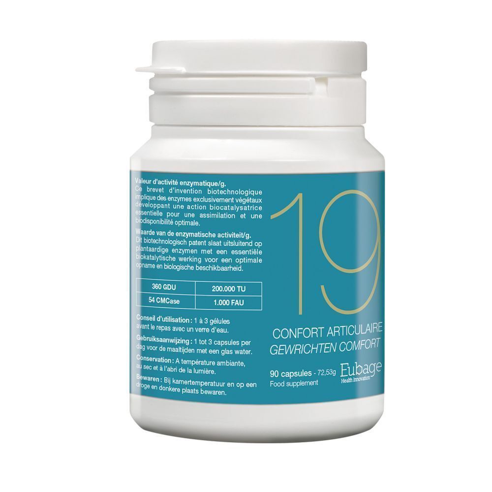 Un flacon de Eubage 19 Gewrichten Comfort Capsules, contenant blanc avec étiquette bleue et informations produit.