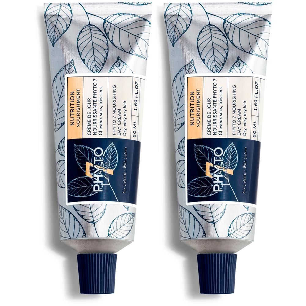 Deux tubes de Phyto 7 Crème de Jour Nourrissante avec motif de feuilles.