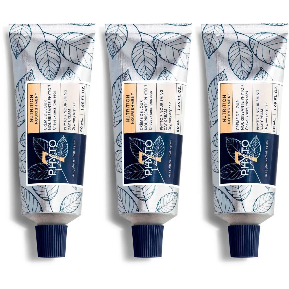 Drie Phyto 7 Nourishing Day Cream tubes met bladerpatroon en blauwe dop.