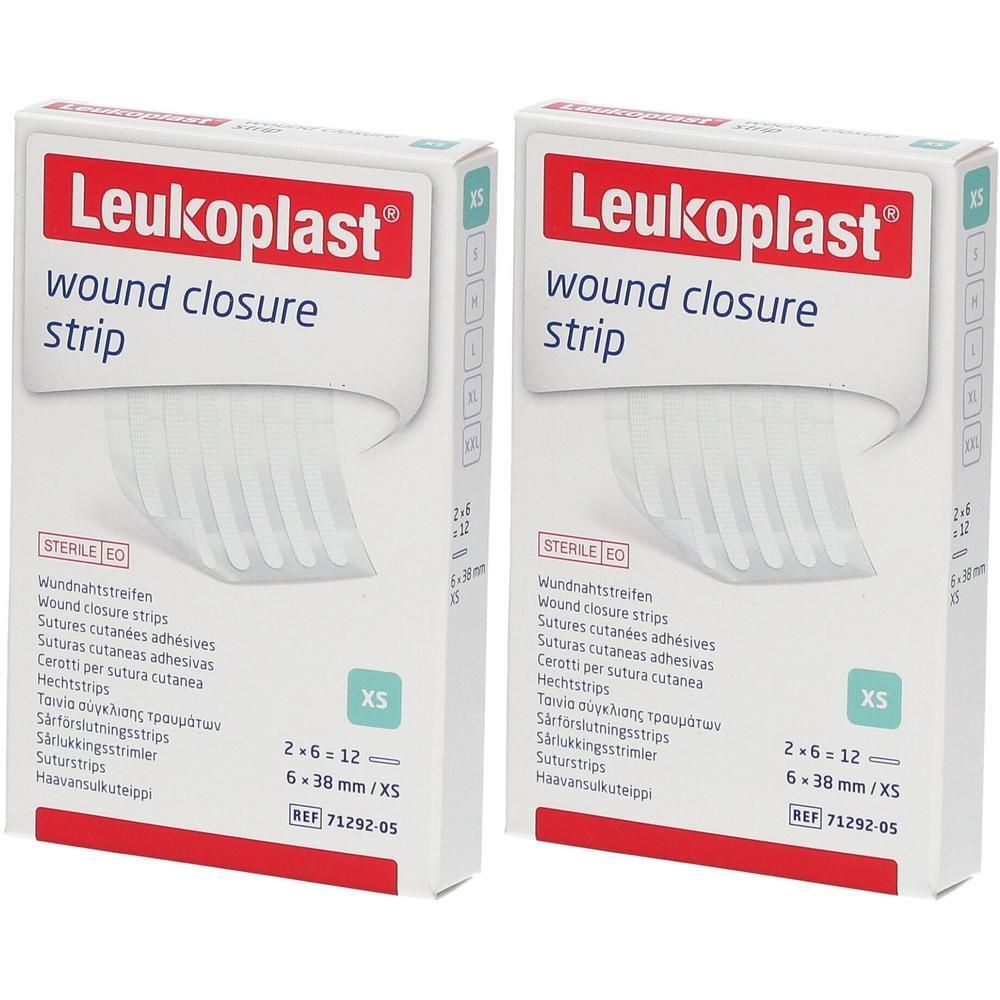 Deux boîtes de Leukoplast Strips pour fermeture de plaie XS, 6 x 38 mm.