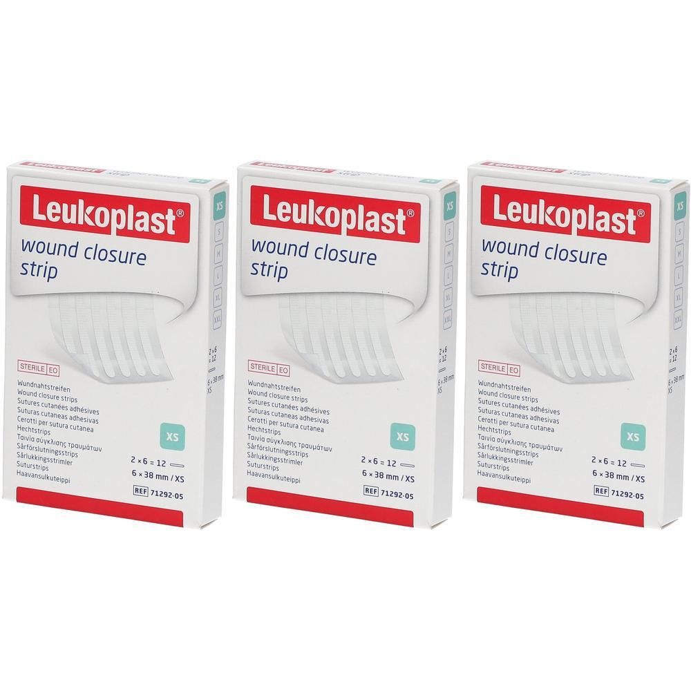 Trois paquets de bandes de fermeture de plaie Leukoplast XS, 6 x 38 mm.