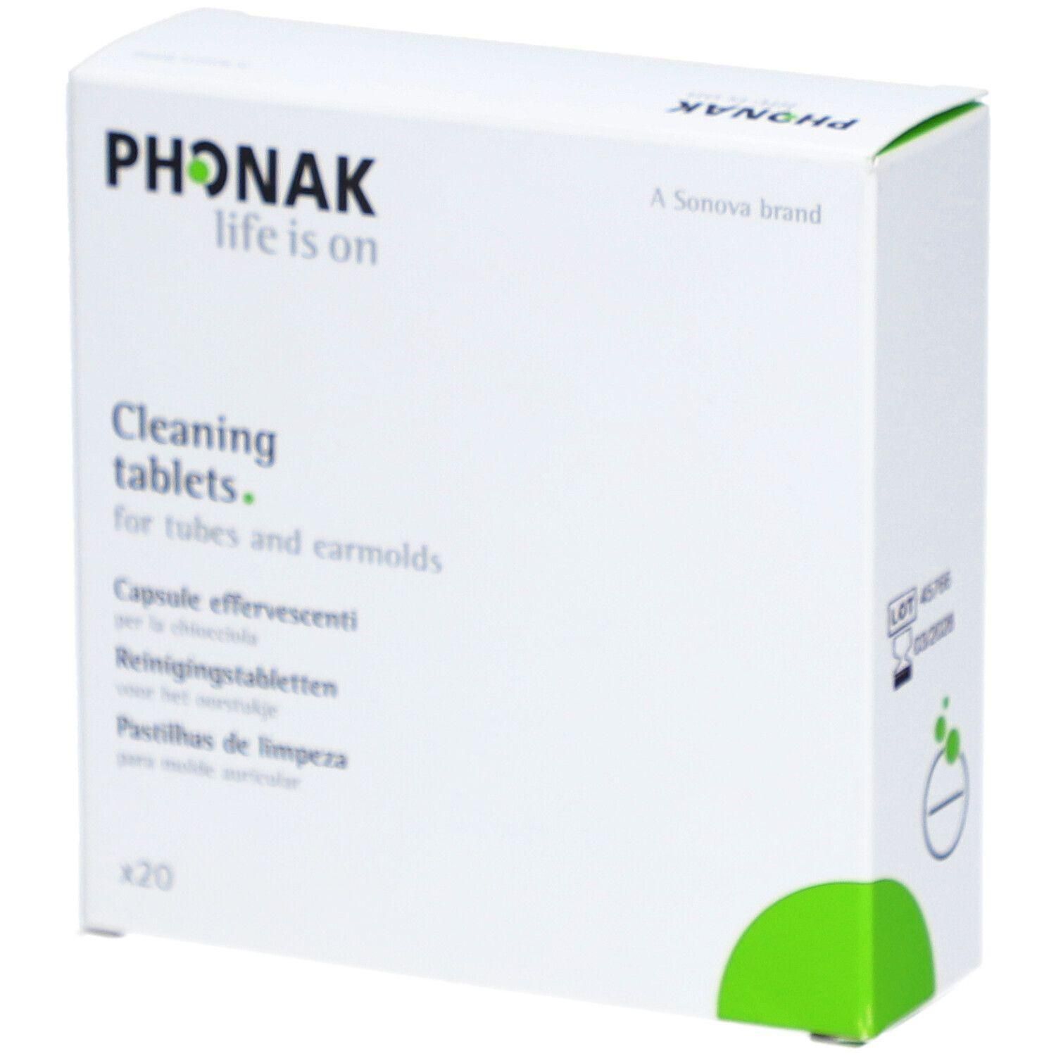 Comprimés nettoyants Phonak pour tubes et embouts d'aides auditives, 20 pièces.