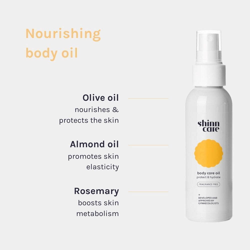 Shinncare lichaamsolie fles met olijfolie, amandelolie en rozemarijn.