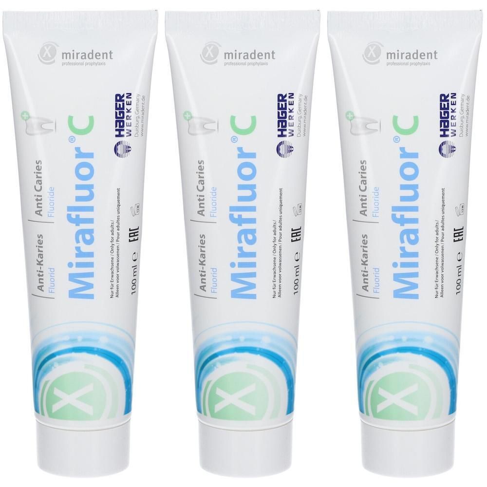Drie tubes Miradent Mirafluor C tandpasta van elk 100 ml. Anti-cariës formule met fluoride.