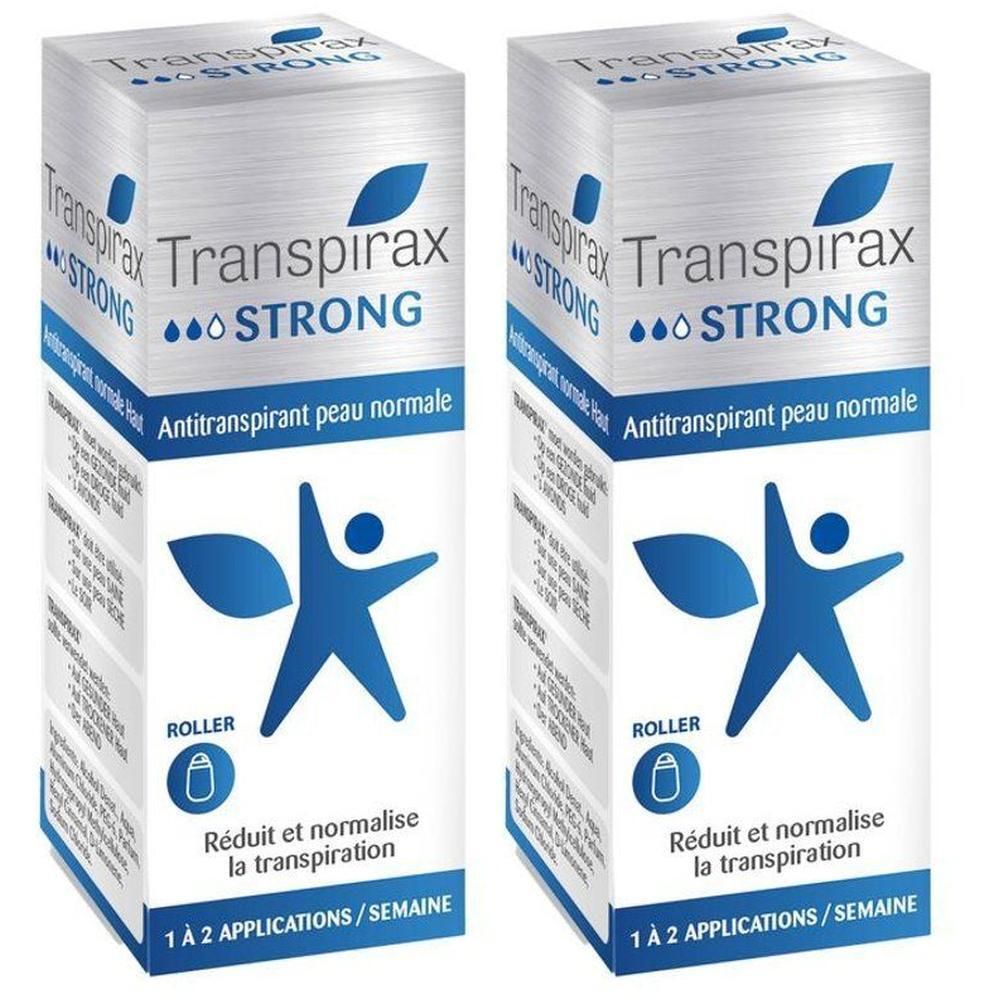 Deux boîtes de Transpirax Strong Antitranspirant Roller pour peau normale.
