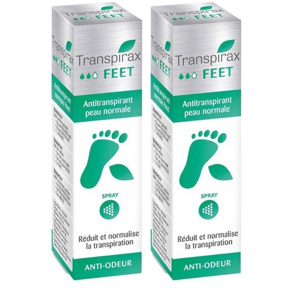Deux boîtes de Transpirax Feet Antitranspirant peau normale. Flacons spray avec symboles de pied et de feuille.