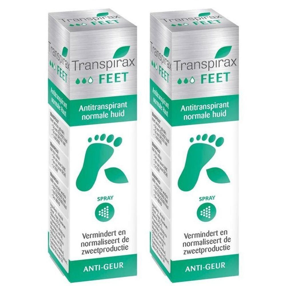 Twee verpakkingen Transpirax Feet Antitranspirant normale huid. Sprayflacons met voet- en blad-symbolen.