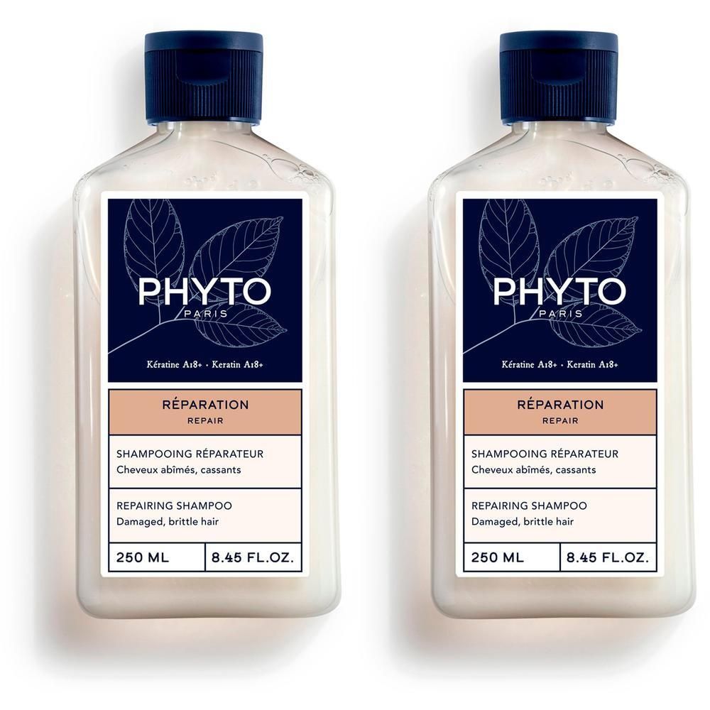 Twee flessen Phyto Shampoo Réparateur, etiket met "REPAIR" en "250 ML".