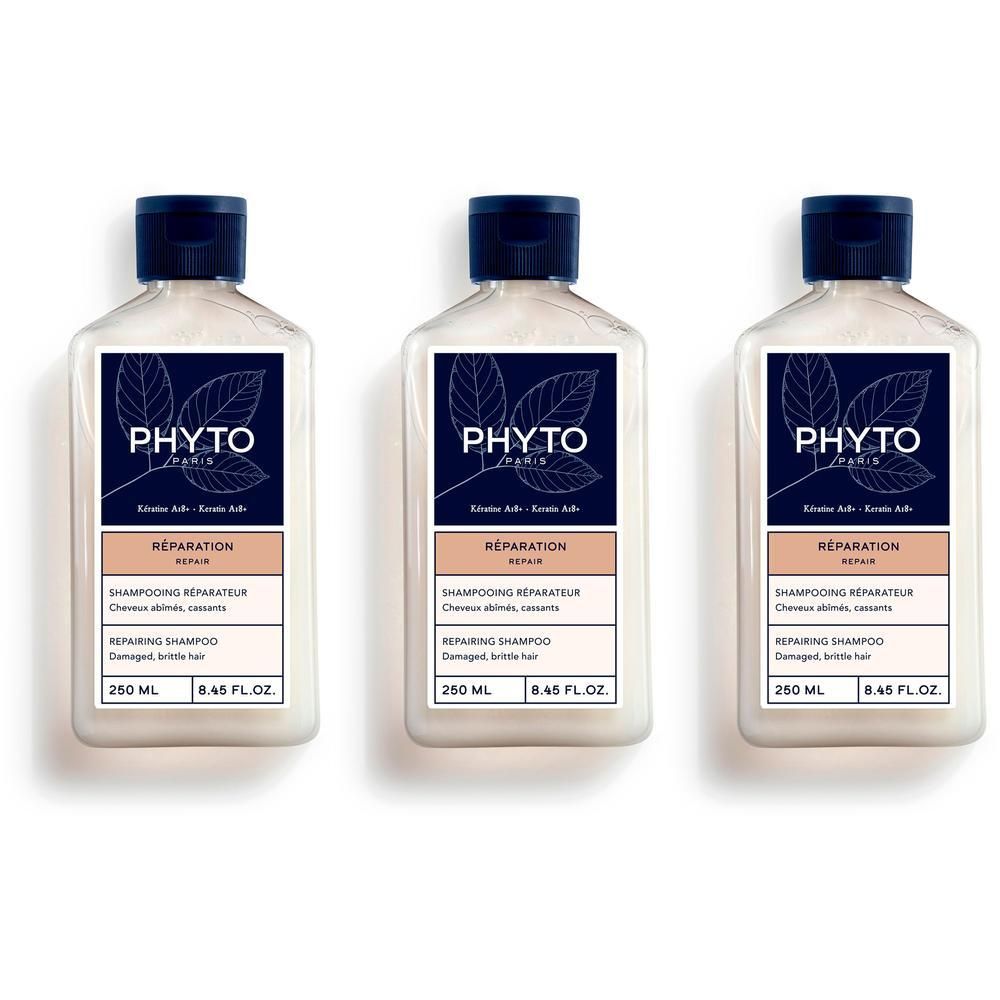 Drie flessen Phyto Réparateur Shampooing Réparateur van elk 250 ml.