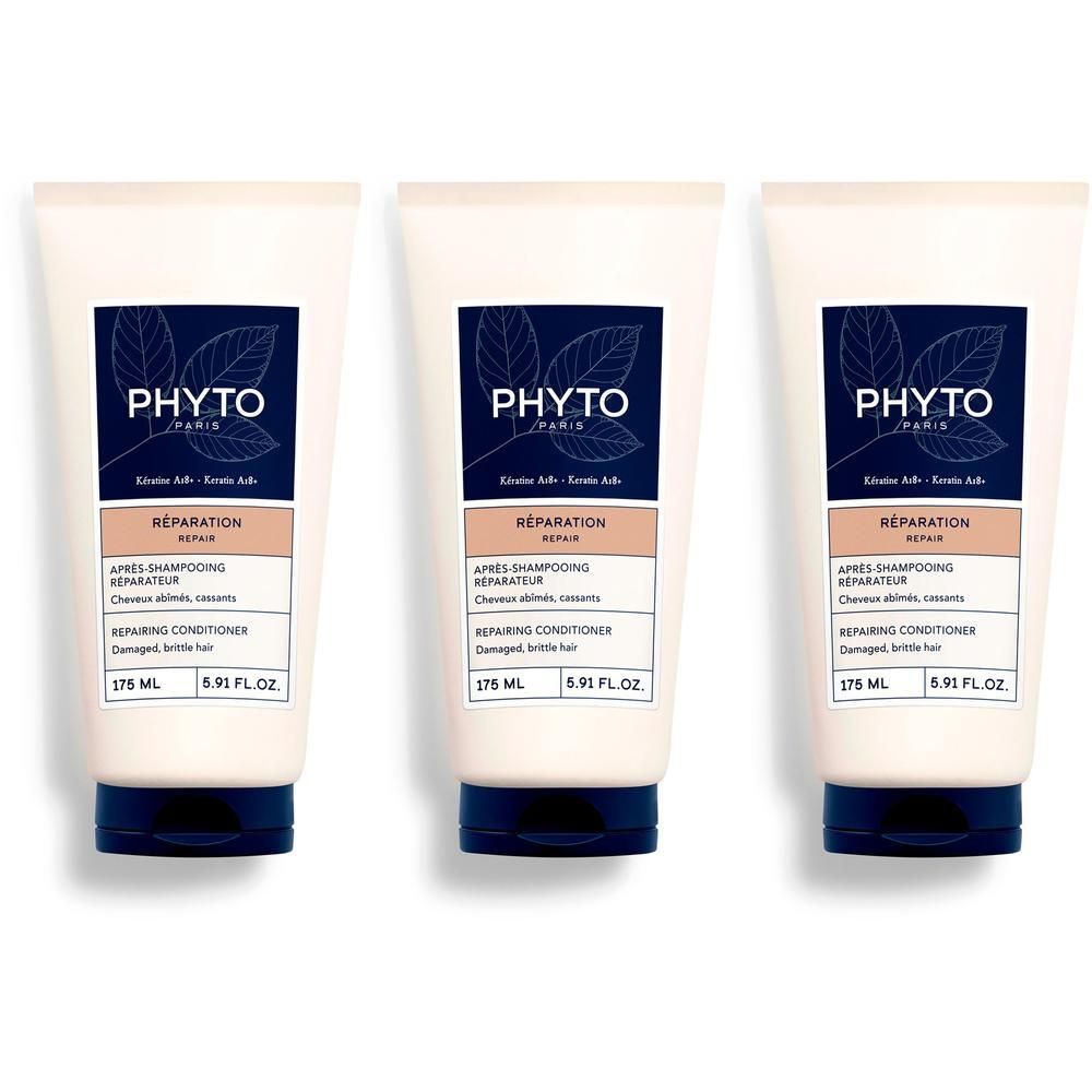 Trois tubes de Phyto Réparation Après-Shampooing Réparateur, 175 ml.