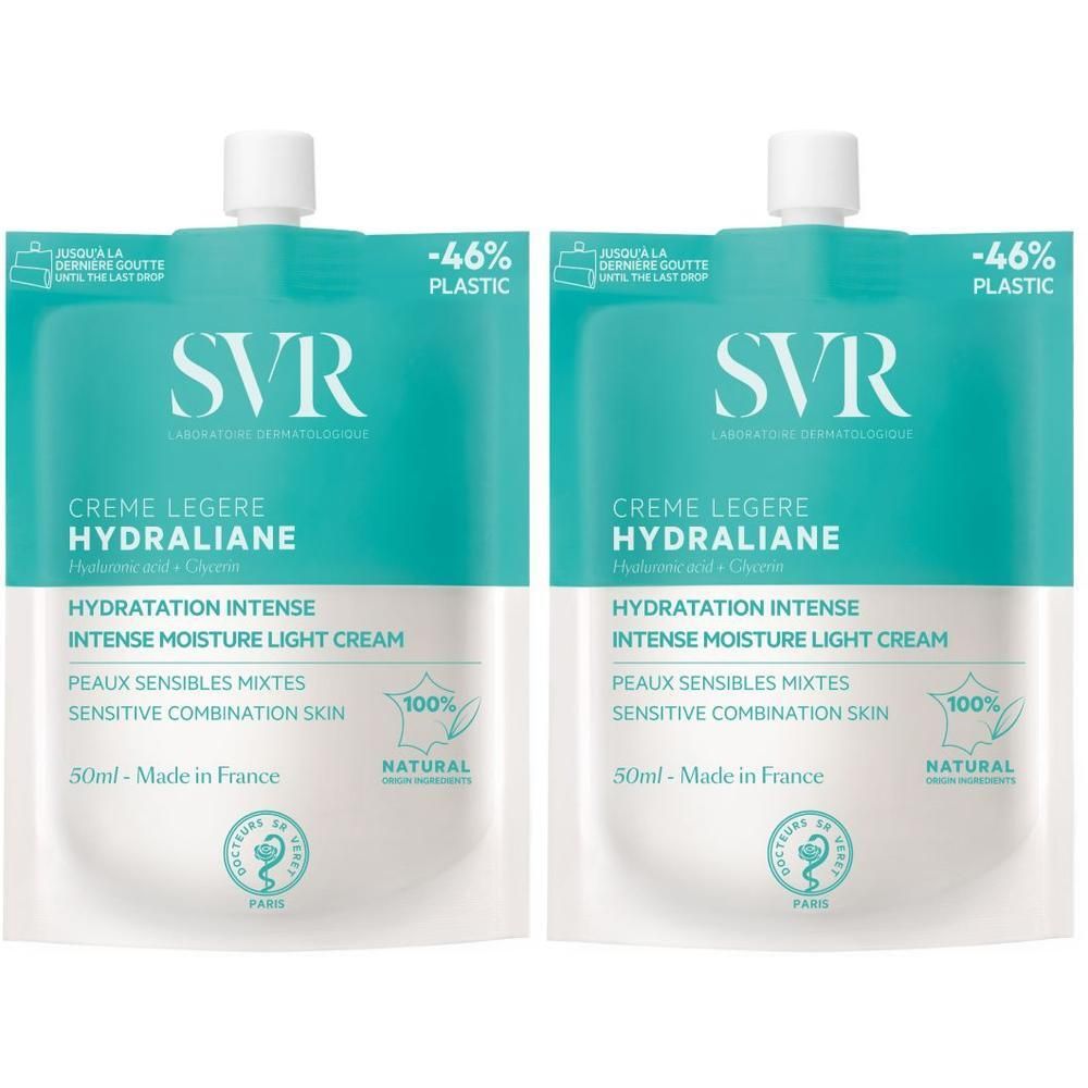 Twee SVR Hydraliane Crème Légère zakjes van elk 50ml. Gemaakt in Frankrijk.
