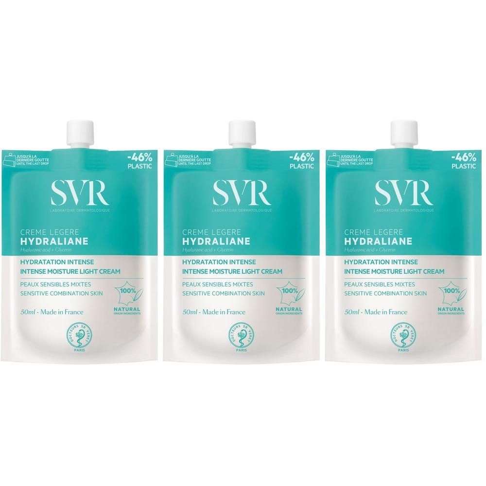 Drie SVR Hydraliane Crème Légère zakjes met schroefdop.