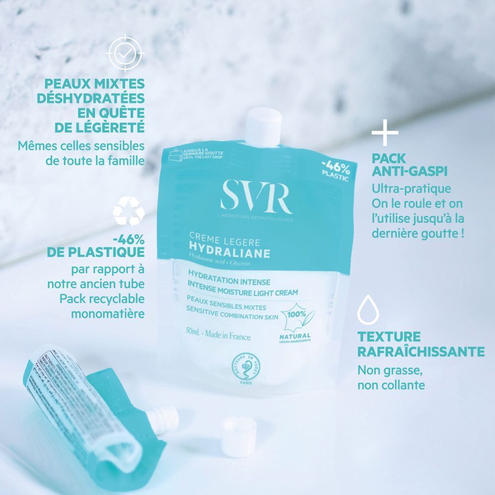 Un sachet SVR Hydraliane Crème Légère avec son bouchon ouvert.