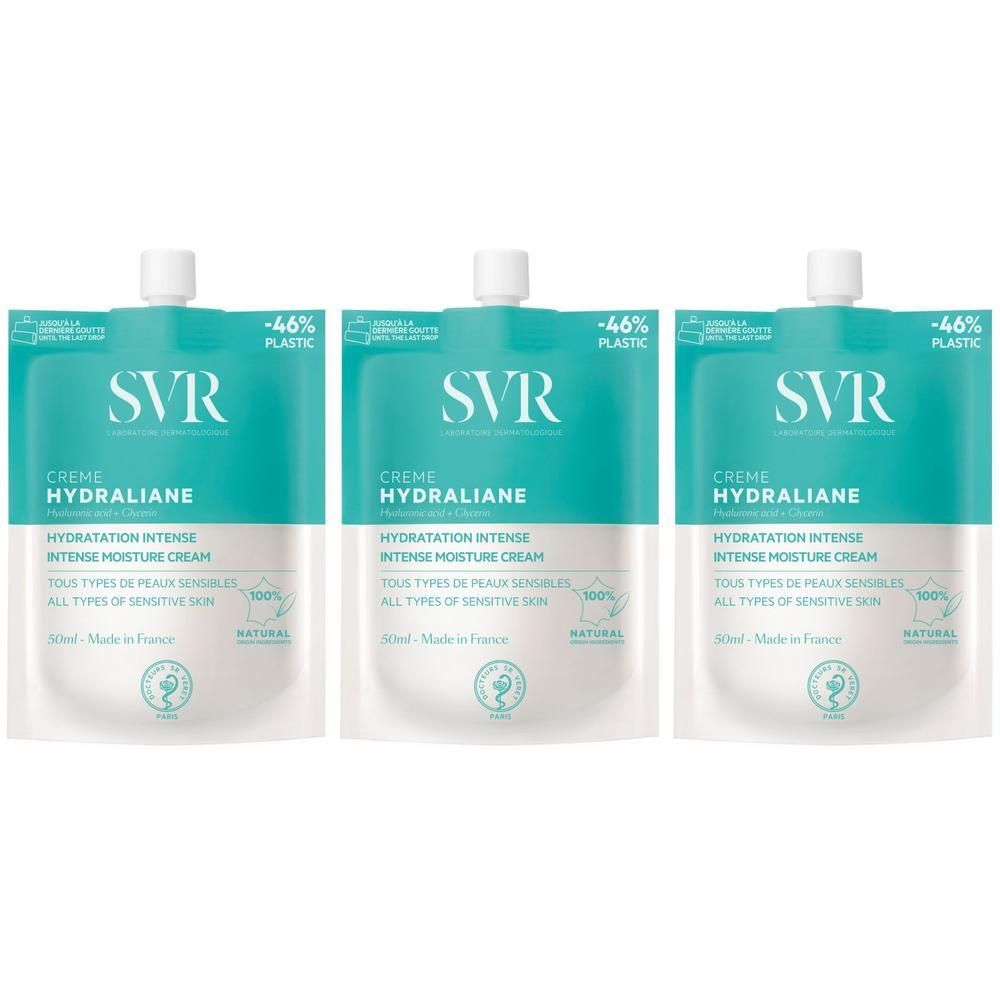 Drie SVR Hydraliane vochtinbrengende crème zakjes.