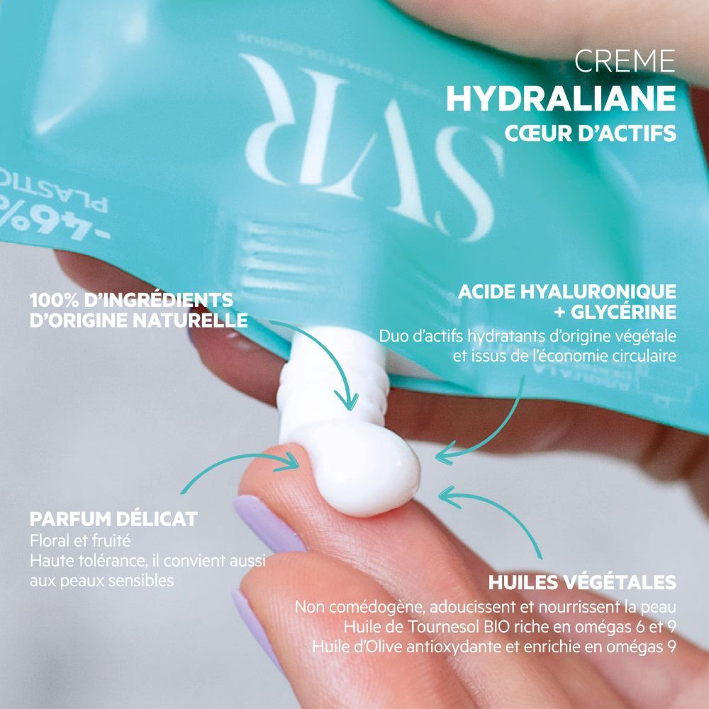Close-up: SVR Hydraliane crème aangebracht op een vinger. Ingrediënten uitgelicht.