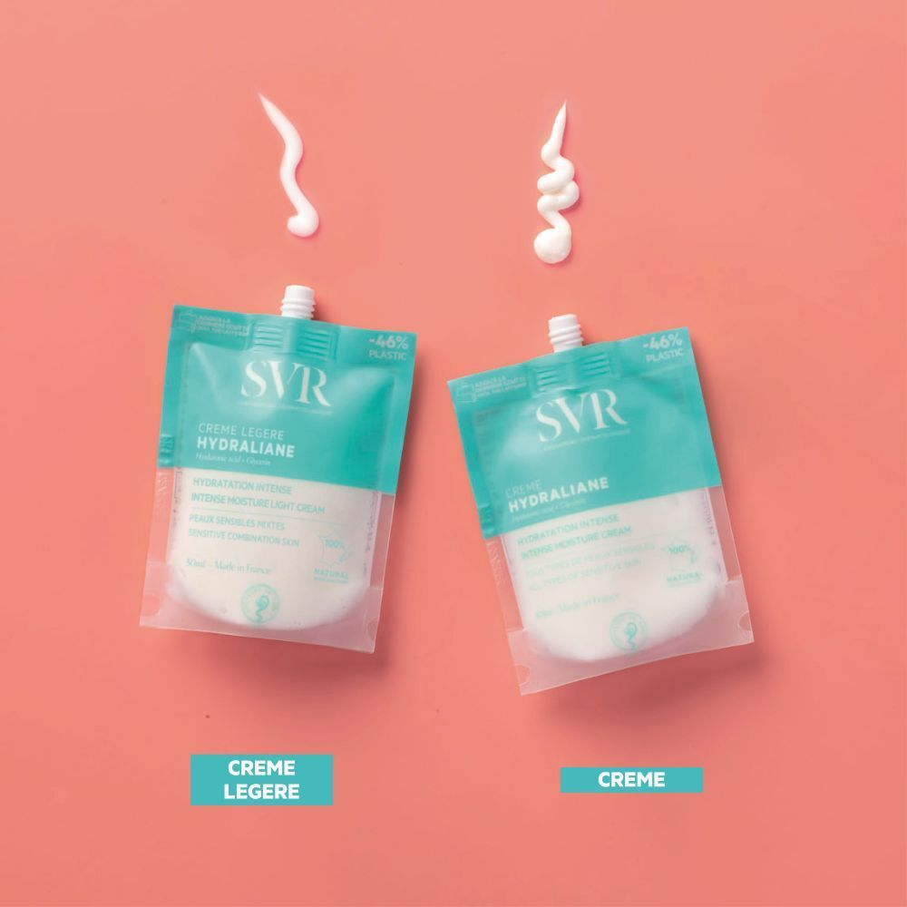 Twee SVR Hydraliane zakjes met crème-spetters ernaast.