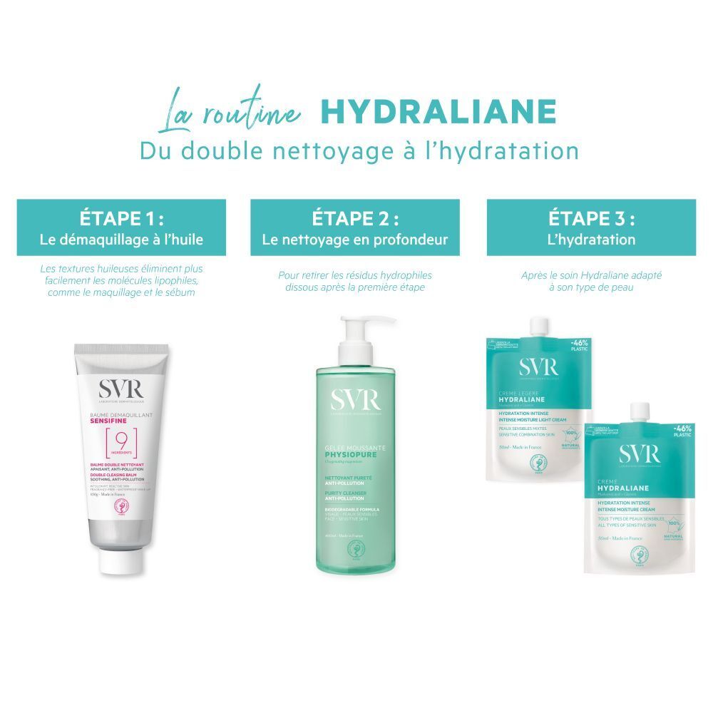De SVR Hydraliane verzorgingsroutine: make-up verwijderen, reinigen en hydrateren.