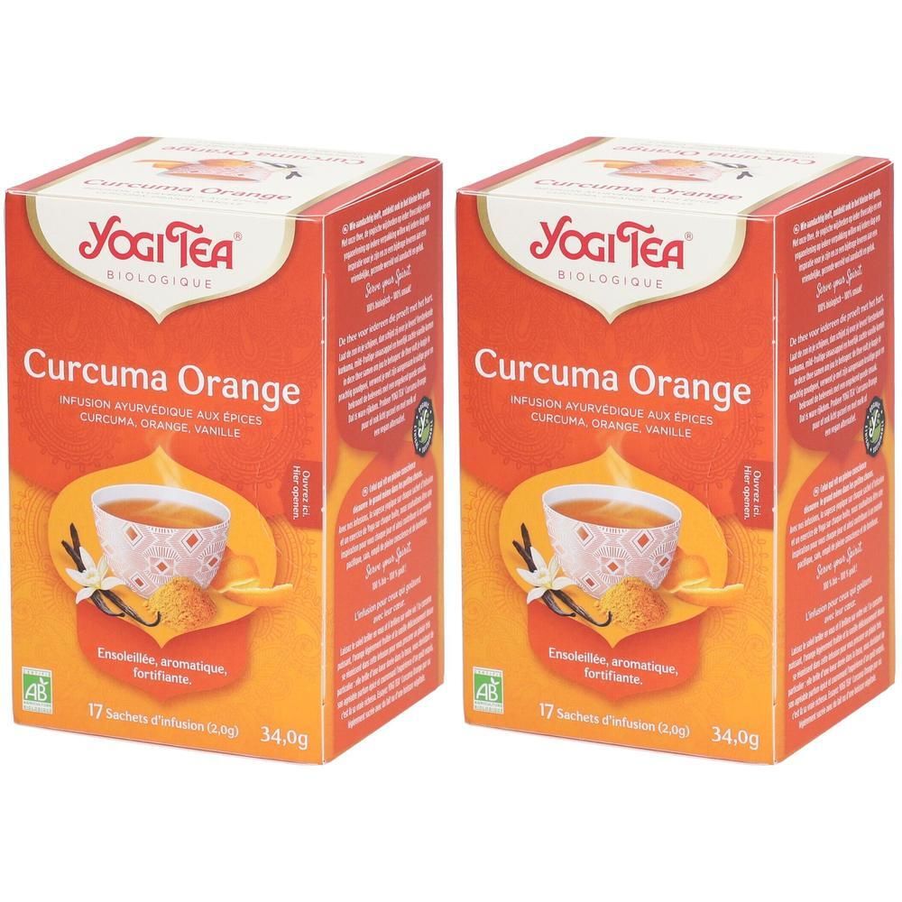 Deux boîtes de Yogi Tea Curcuma Orange, contenant chacune 17 sachets.