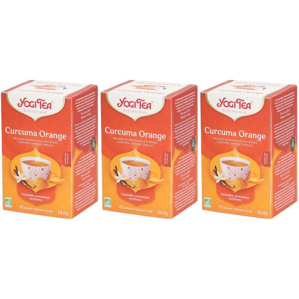 Trois paquets de Yogi Tea Curcuma Orange, chacun contenant 12 sachets de thé.