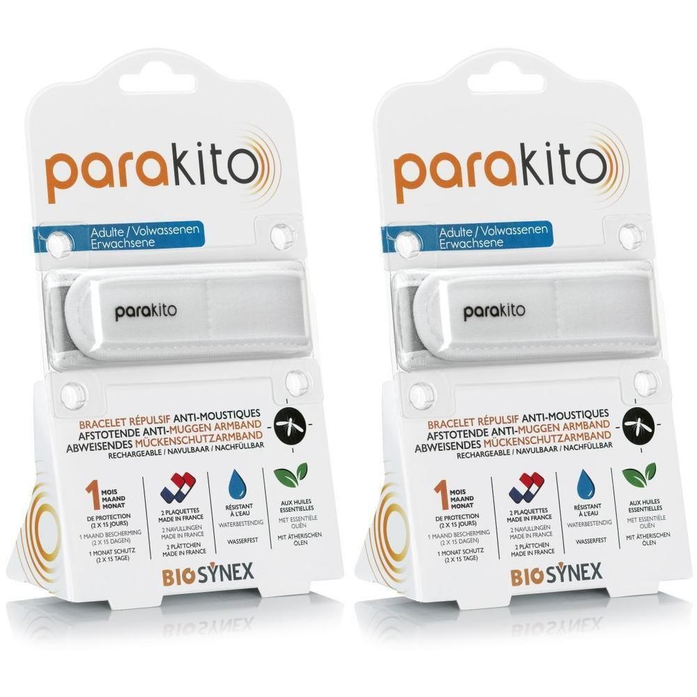 Deux bracelets Para'Kito pour adultes, blancs, en emballage de vente au détail.