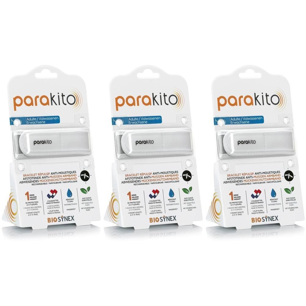 Trois bracelets Para'Kito pour adultes blancs, emballés.