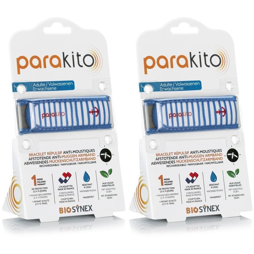 Deux bracelets Para'Kito à rayures bleues et blanches avec un symbole d'ancre, emballés.