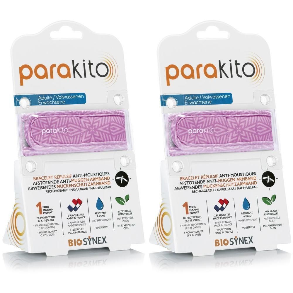 Deux bracelets Parakito violets à motif géométrique, emballés.