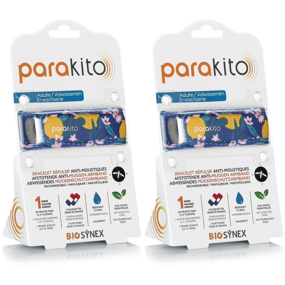 Deux bracelets Para'Kito à motif floral, pour adultes, présentés en emballage.