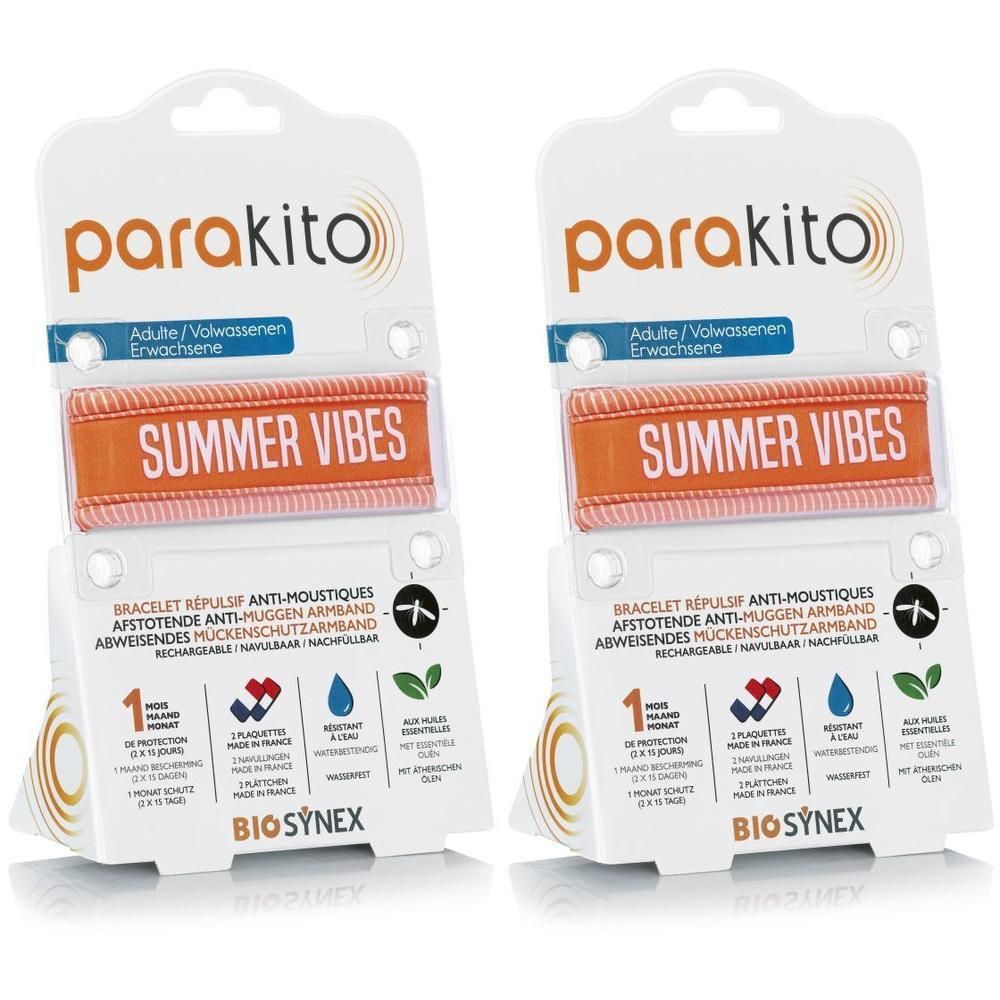 Deux bracelets Parakito 'Summer Vibes' orange pour adultes, protection anti-moustiques.
