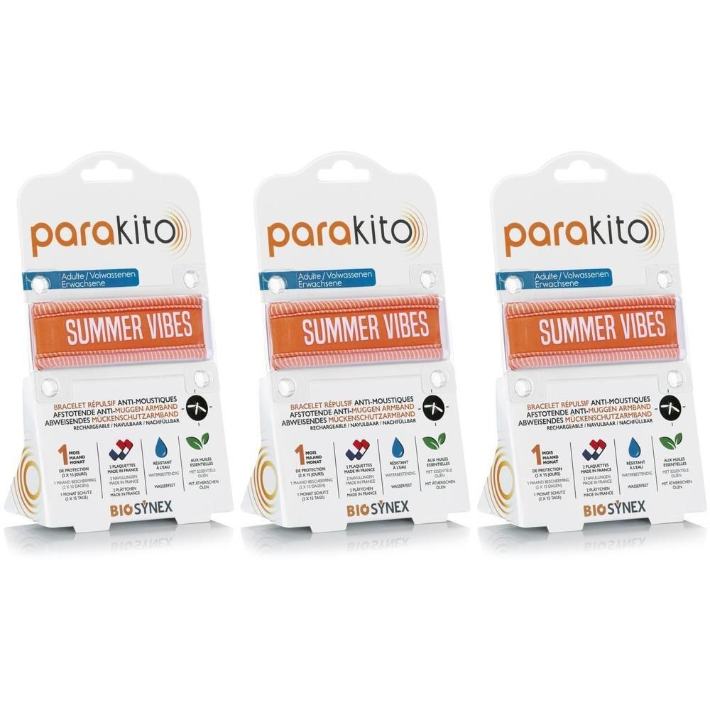 Drie Parakito armbanden 'Summer Vibes' oranje voor volwassenen, met muggenbescherming.