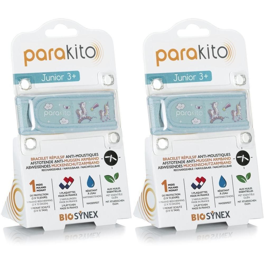 Twee ParaKito Junior 3+ armbandjes met eenhoornmotief in verpakking. Blauw met eenhoornprint.